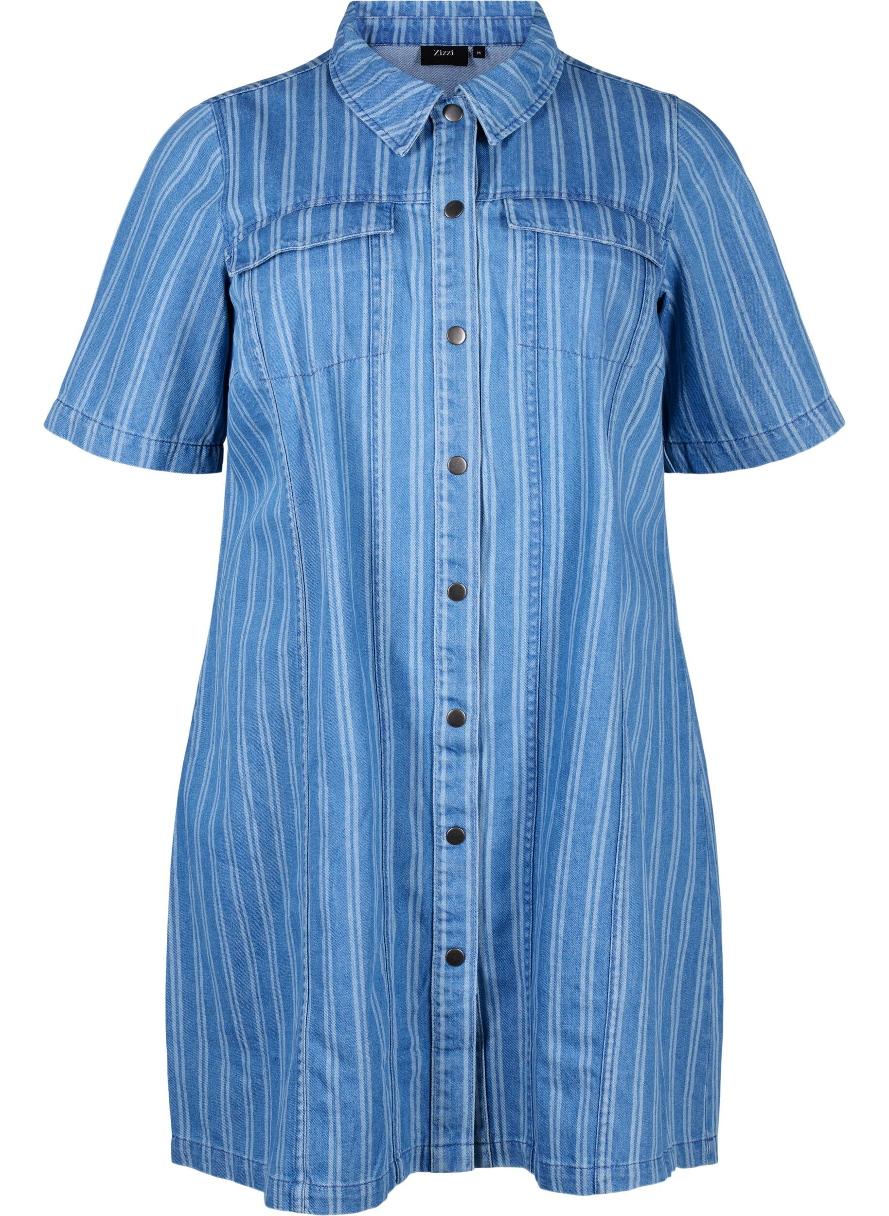 Zizzi Robe chemise courte en jean avec un motif ray&eacute;, Bleu, Packshot image number 0