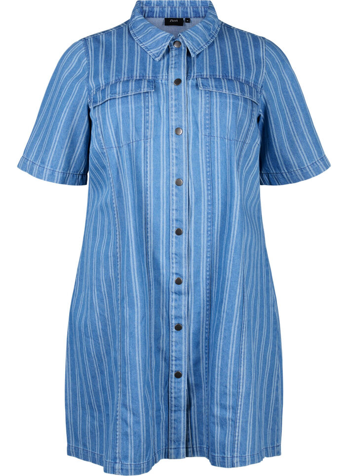 Robe chemise courte en jean avec un motif rayé, Bleu, Packshot image number 0