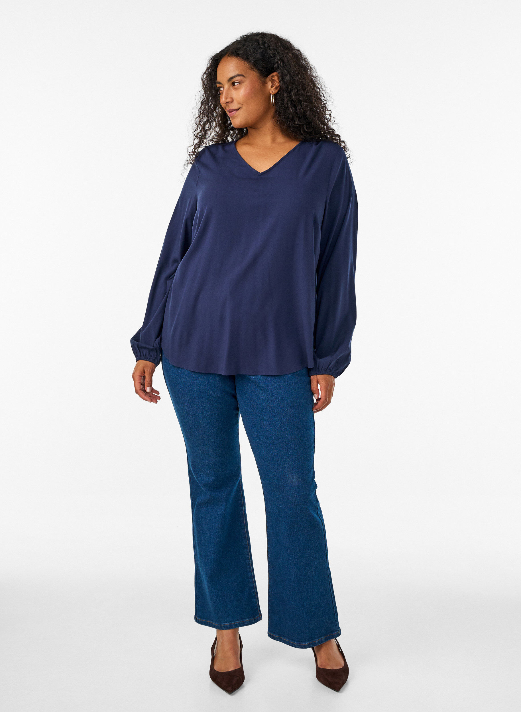 ZizziBlouse en viscose avec col en V et ourlet arrondi, Bleu, Model image number 1