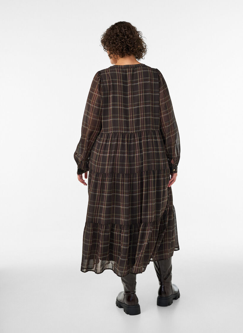 Robe midi &agrave; carreaux avec une jupe &agrave; volants, Marron, Model