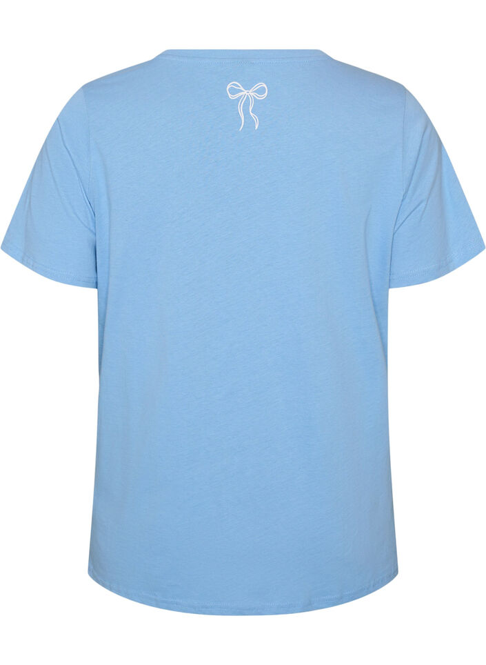 T-shirt en coton avec col V et imprim&eacute; devant, Bleu Clair, Packshot image number 1