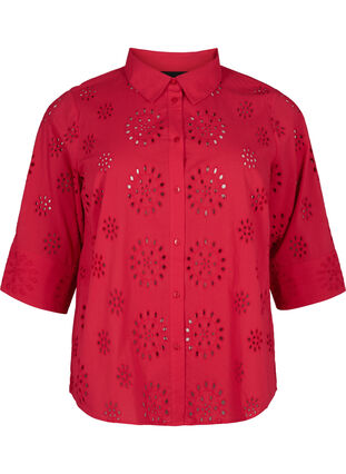 Chemisier avec broderie anglaise et manches 3/4, Tango Red, Packshot image number 0
