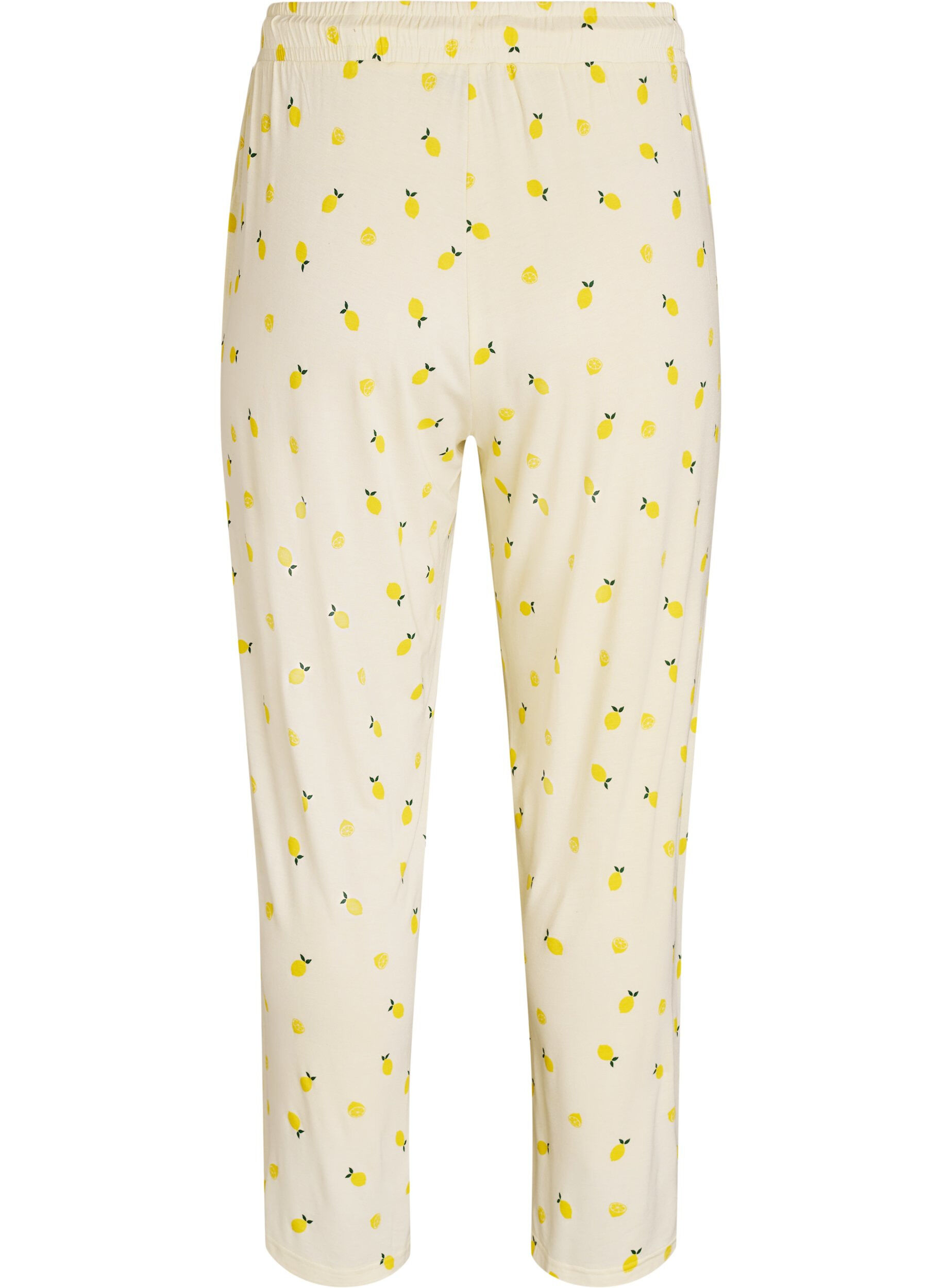 Zizzi Pantalon de pyjama en jersey doux avec taille haute et imprim&eacute; fruits, Jaune clair, Packshot image number 1