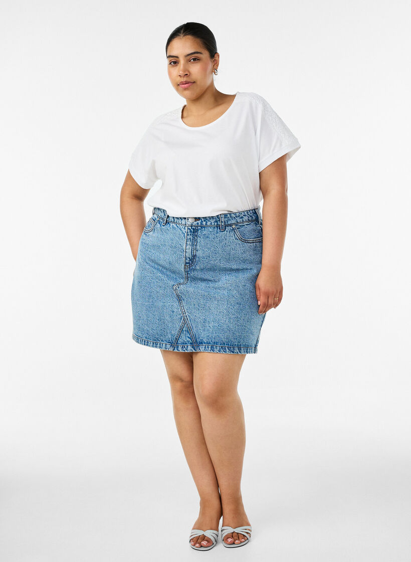 T-shirt en coton avec d&eacute;tails au crochet, Blanc, Model image number 1