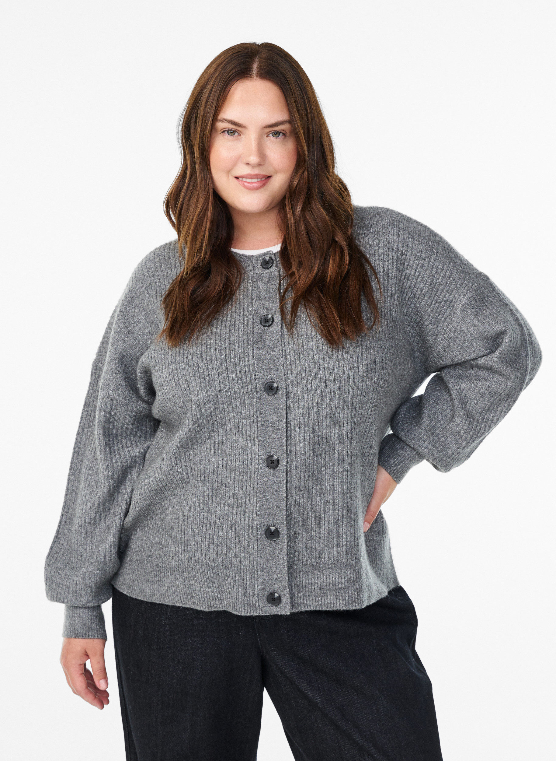 Zizzi Cardigan en tricot c&ocirc;tel&eacute; avec boutons, Gris, Model image number 0