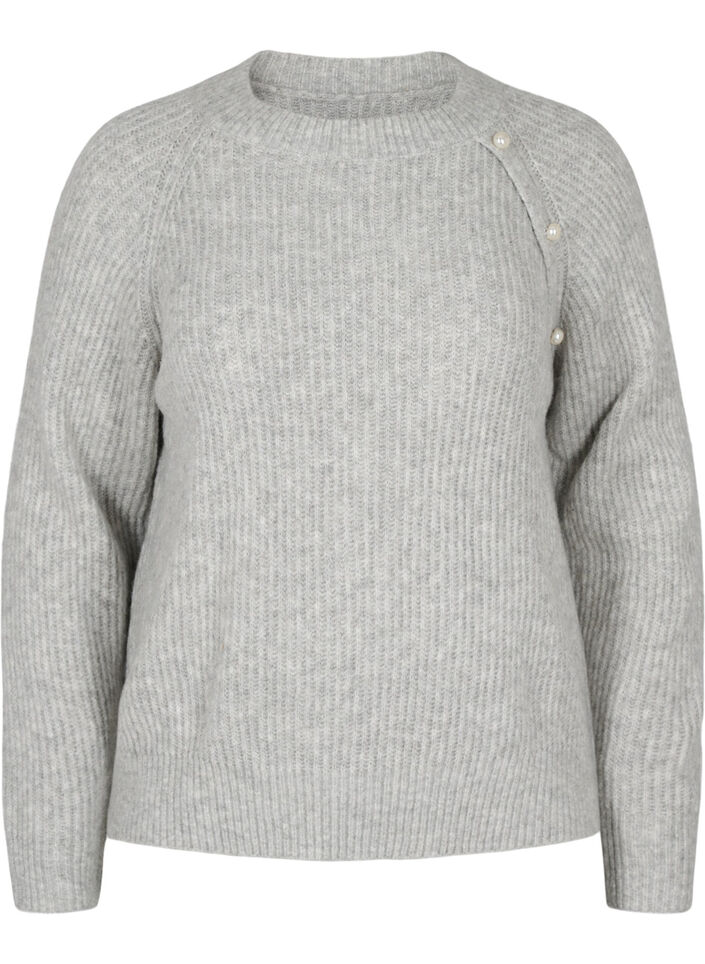Pull en maille mélangée avec boutons en perle, Light Grey Melange, Packshot image number 0