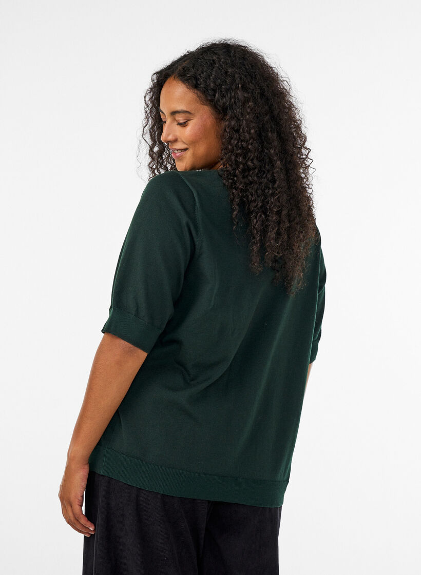 Blouse en fine maille &agrave; manches courtes, Vert fonc&eacute;, Model image number 2