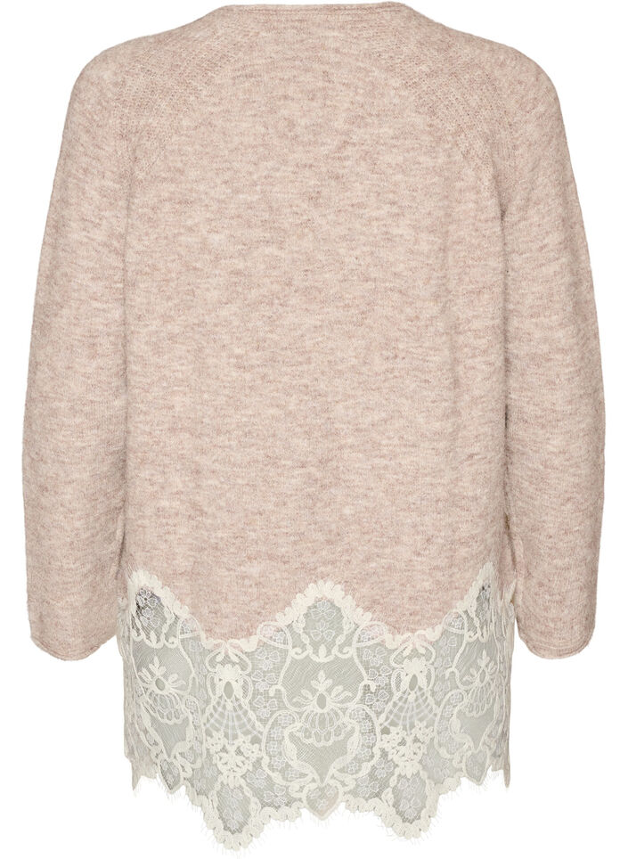 Pull en maille &agrave; manches raglan et large bordure en dentelle, Beige, Packshot image number 1