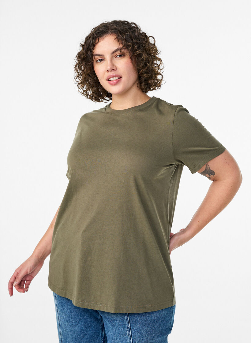 T-shirt basique en coton &agrave; col rond, Vert Kaki, Model image number 0