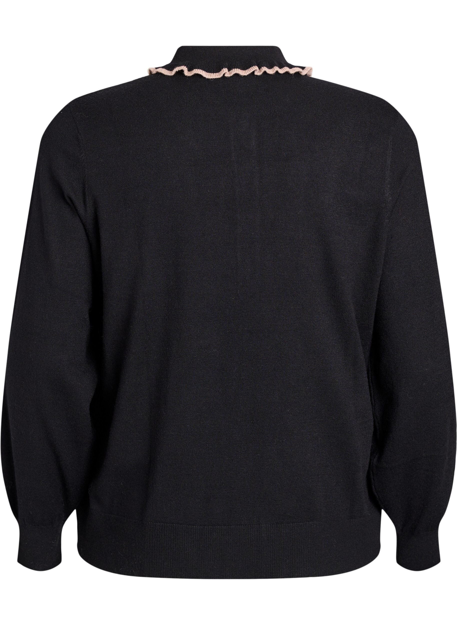 Zizzi Blouse en maille avec un col polo &agrave; volants, Noir, Packshot image number 1