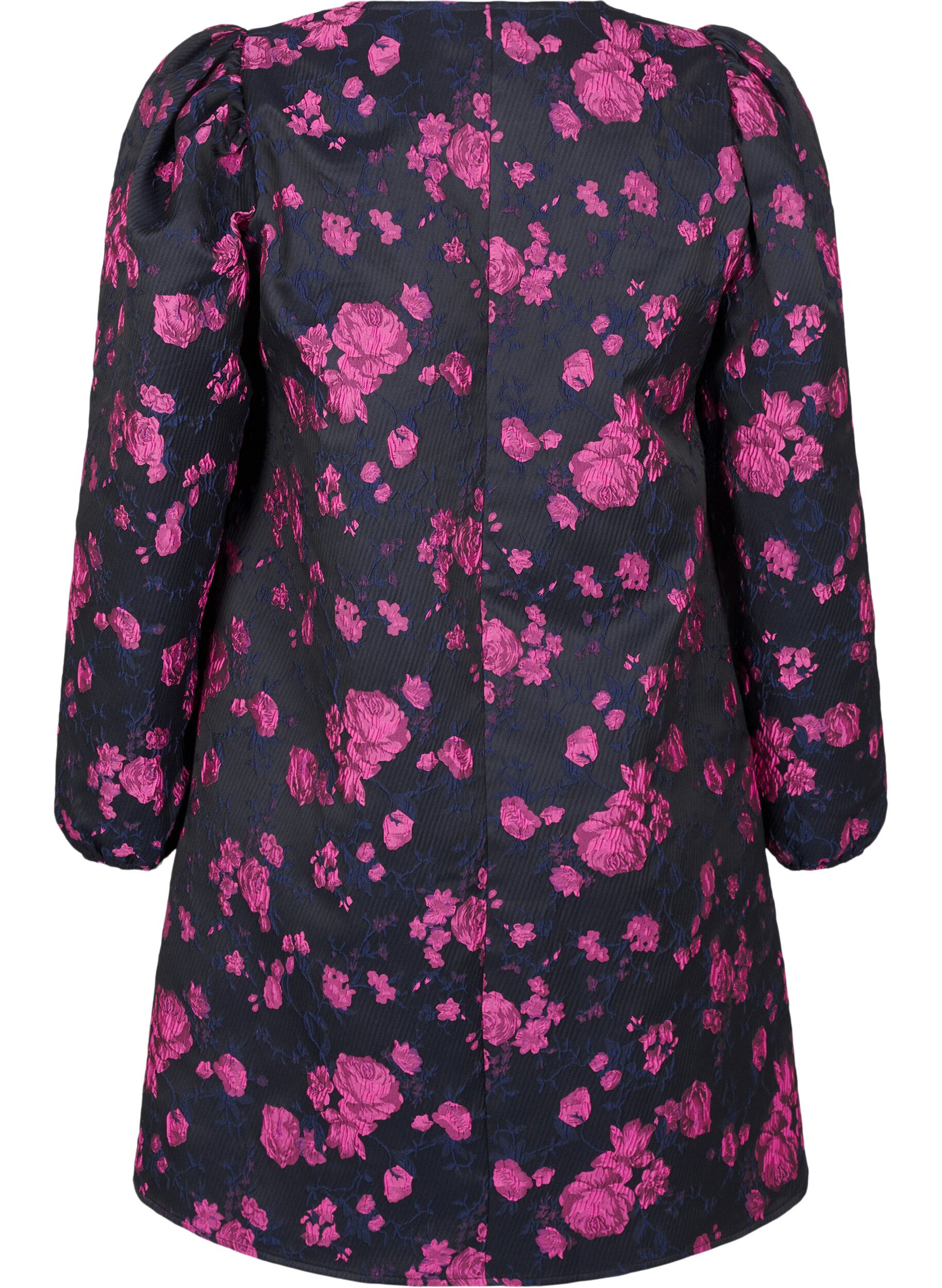 Zizzi Robe courte en jacquard et &agrave; manches longues, Black w. Red Rose, Packshot image number 1