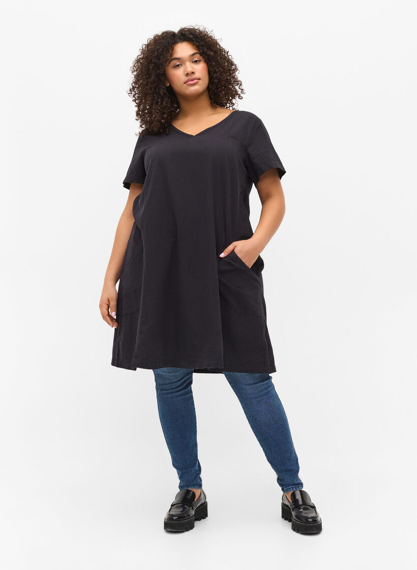 Robe &agrave; manches courtes en coton, Noir, Model image number 1