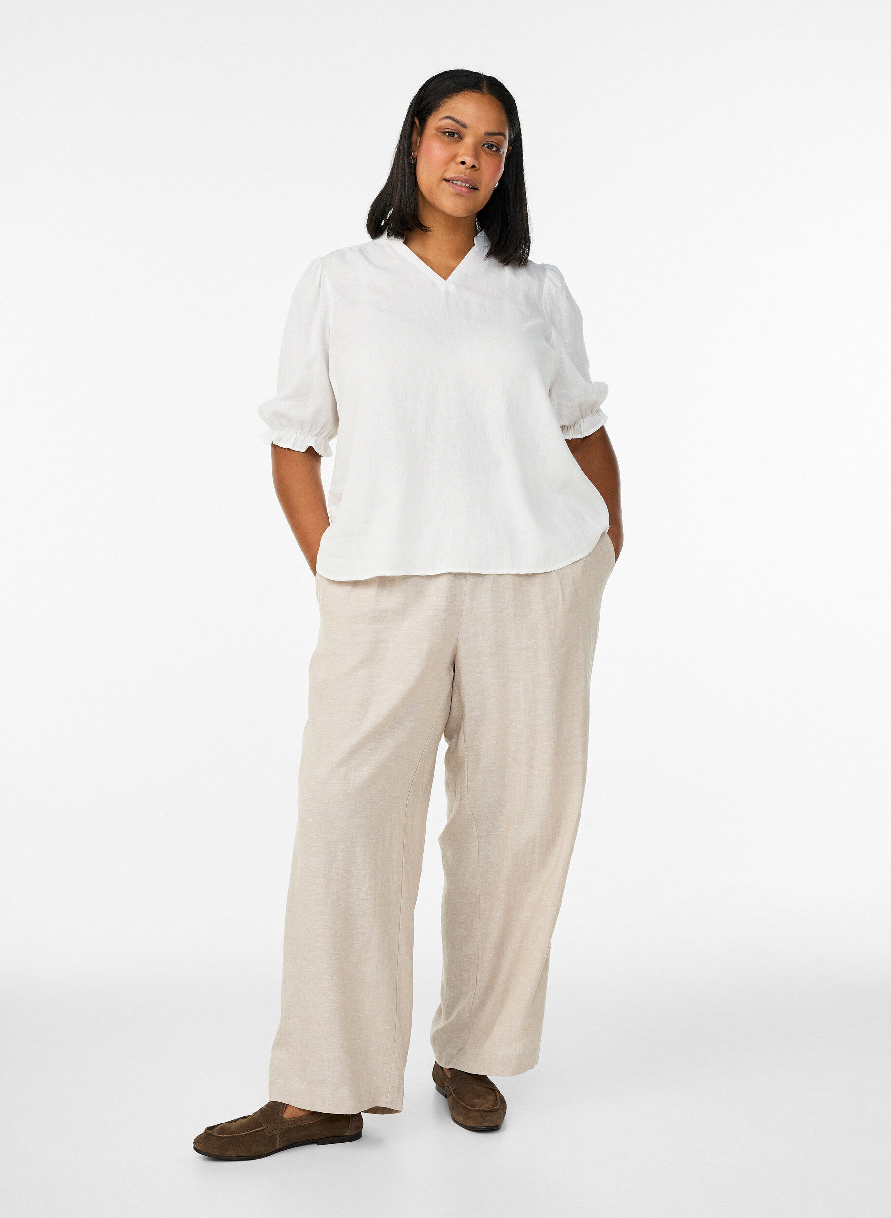 Zizzi Blouse en lin et viscose avec manches 1/2, Blanc, Model image number 1