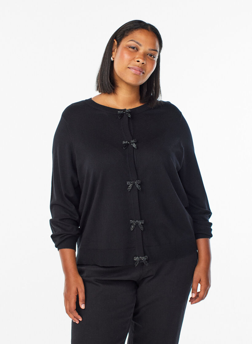 Cardigan avec n&oelig;uds brod&eacute;s de perles et boutons-pression, Noir, Model image number 0