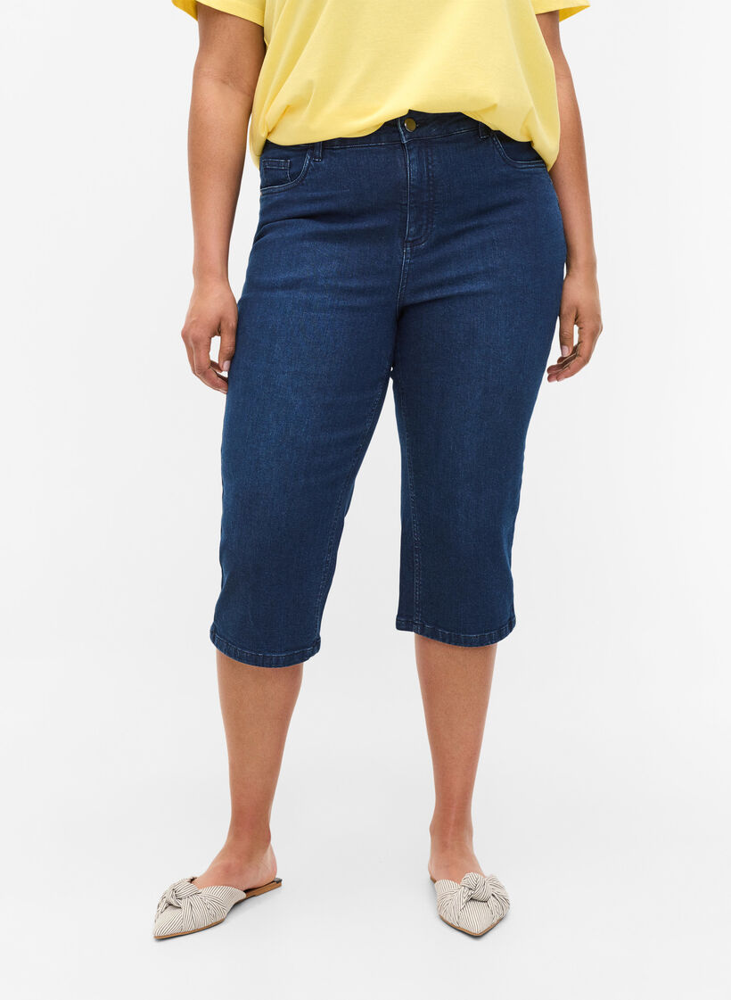 Pantalon capri moulant en denim de coton, Dark blue denim, Model image number 2