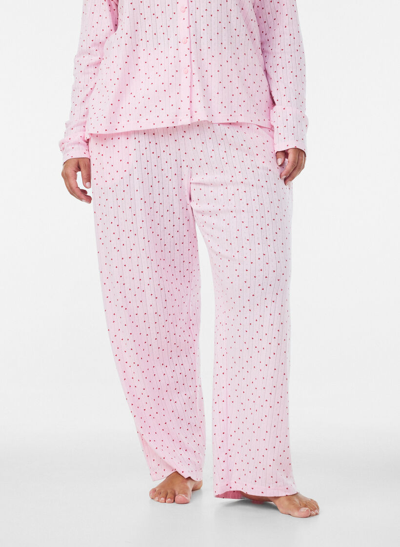 Pantalon de pyjama en coton biologique avec broderie ajour&eacute;e, Rose, Model image number 3