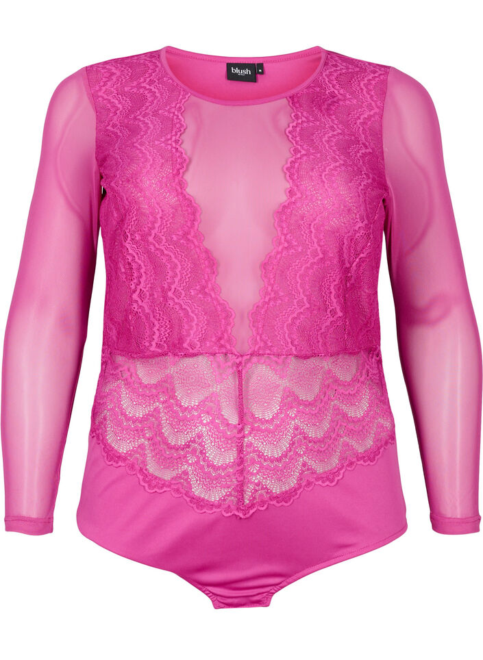 Bodystocking en dentelle et en maille, Fuchsia Red, Packshot image number 0