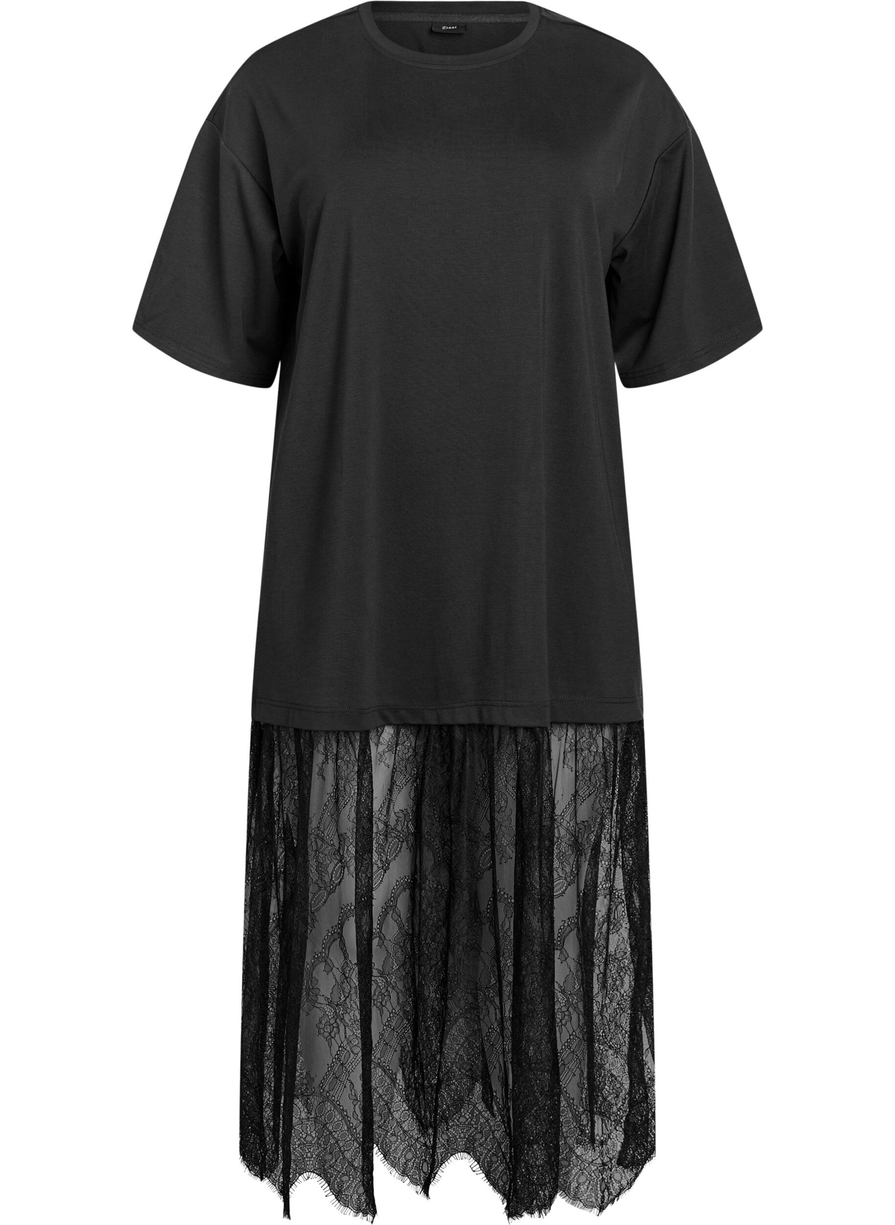 Zizzi Robe T-shirt en jersey avec superposition en dentelle, Noir, Packshot image number 0