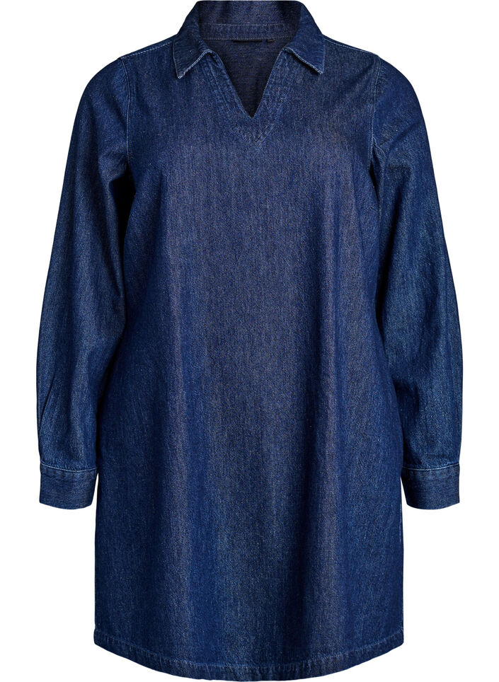 Robe courte en jean avec col et d&eacute;collet&eacute; en V, Bleu, Packshot image number 0