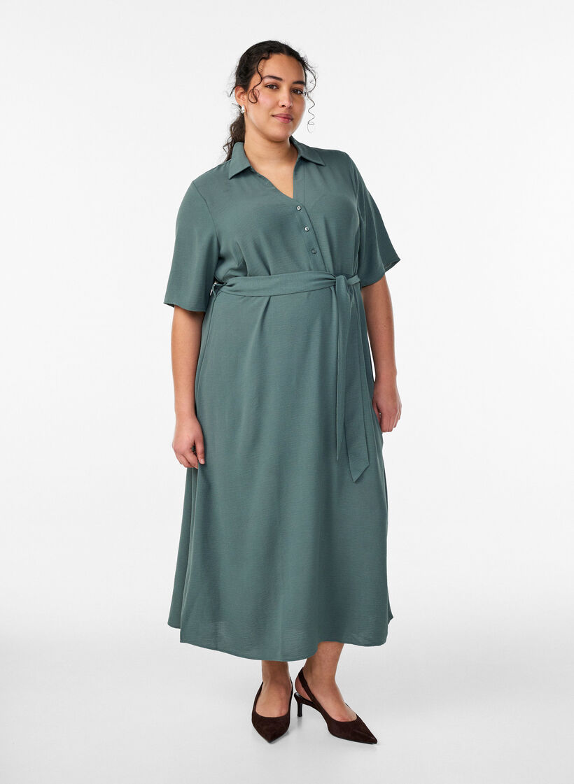 Robe chemise midi avec ceinture &agrave; nouer, Vert fonc&eacute;, Model image number 0