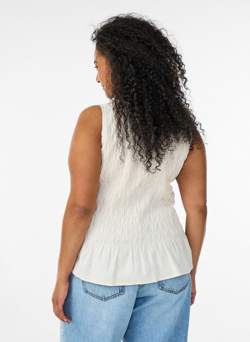 Top sans manches en coton et lin avec smocks, Vanille, Model image number 2
