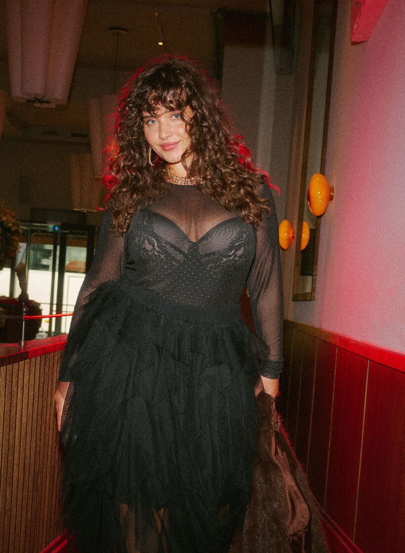 Blouse en maille transparente avec strass, Noir, Image image number 0
