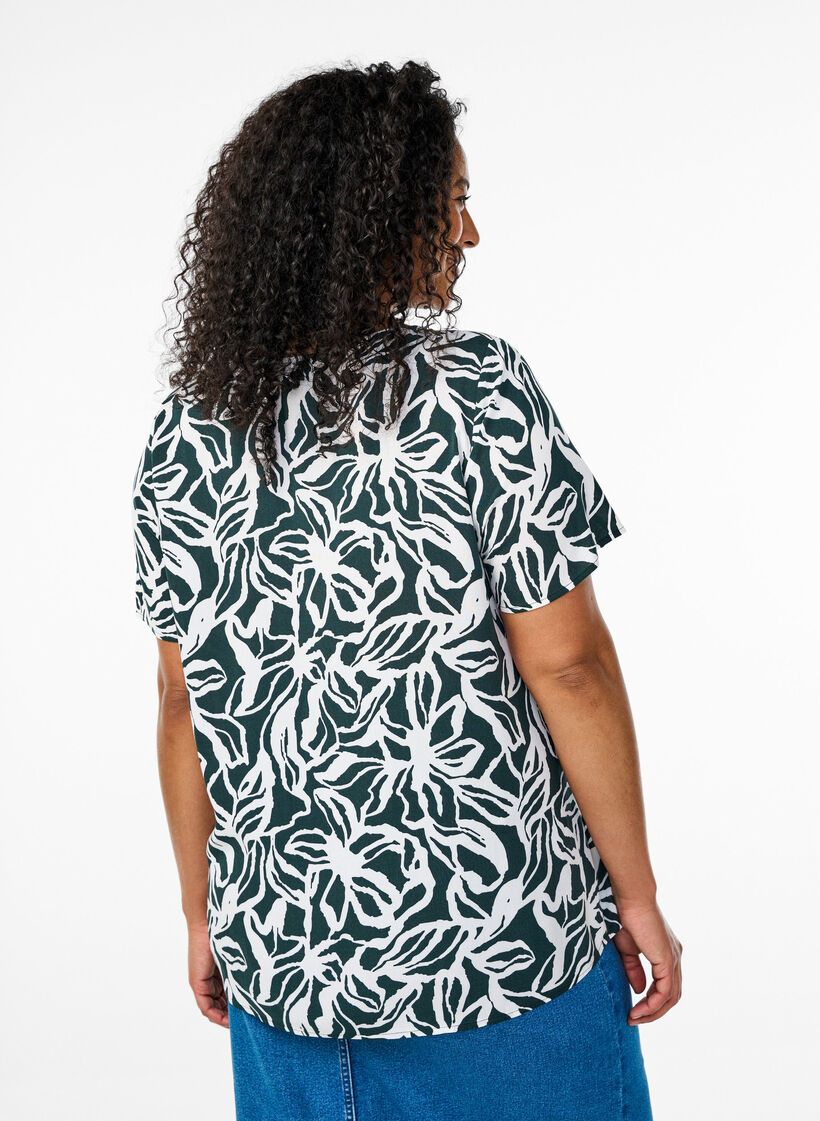 Blouse en viscose &agrave; manches courtes avec imprim&eacute;, Vert fonc&eacute;, Model image number 2