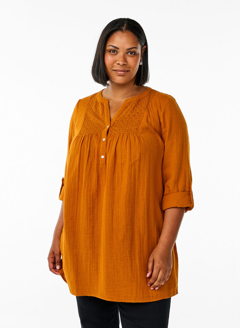 Tunique en mousseline de coton avec broderie anglaise, Orange, Model image number 0
