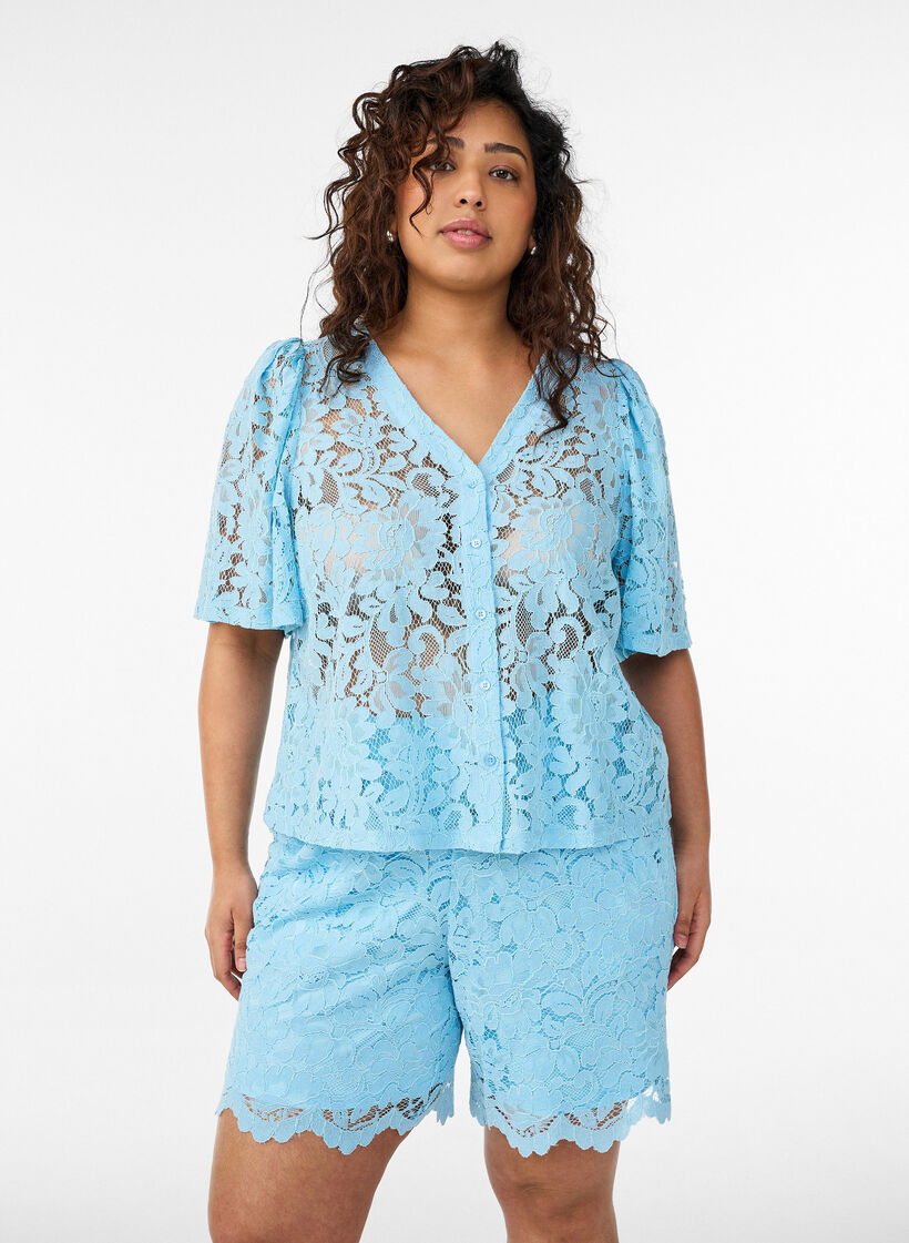 Short en dentelle taille haute avec poches, Bleu, Model image number 0