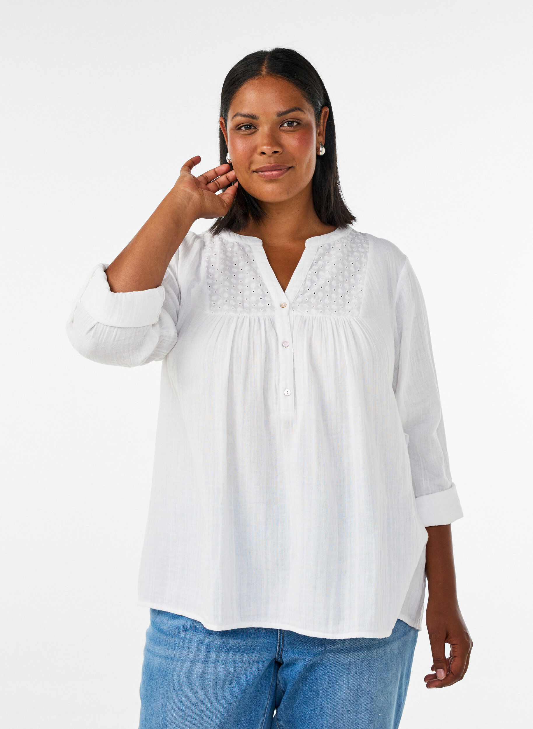 ZizziBlouse en mousseline de coton avec broderie anglaise, Blanc, Model image number 0