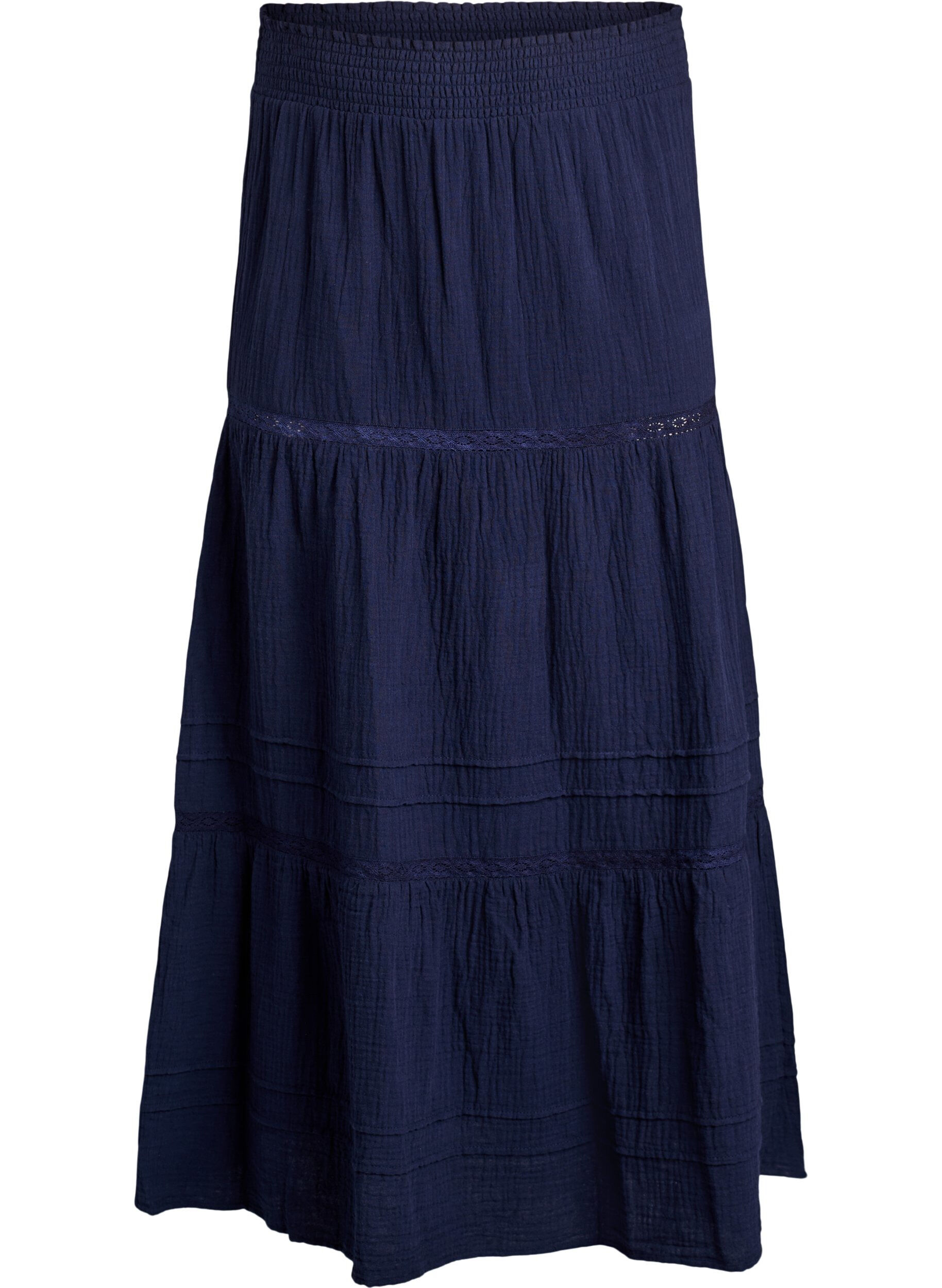 ZizziJupe midi &agrave; coupe &eacute;vas&eacute;e en mousseline de coton avec bande en crochet, Bleu, Packshot image number 0