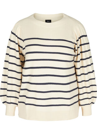 Pull en tricot rayé à manches bouffantes, Birch W/Navy stripes, Packshot image number 0