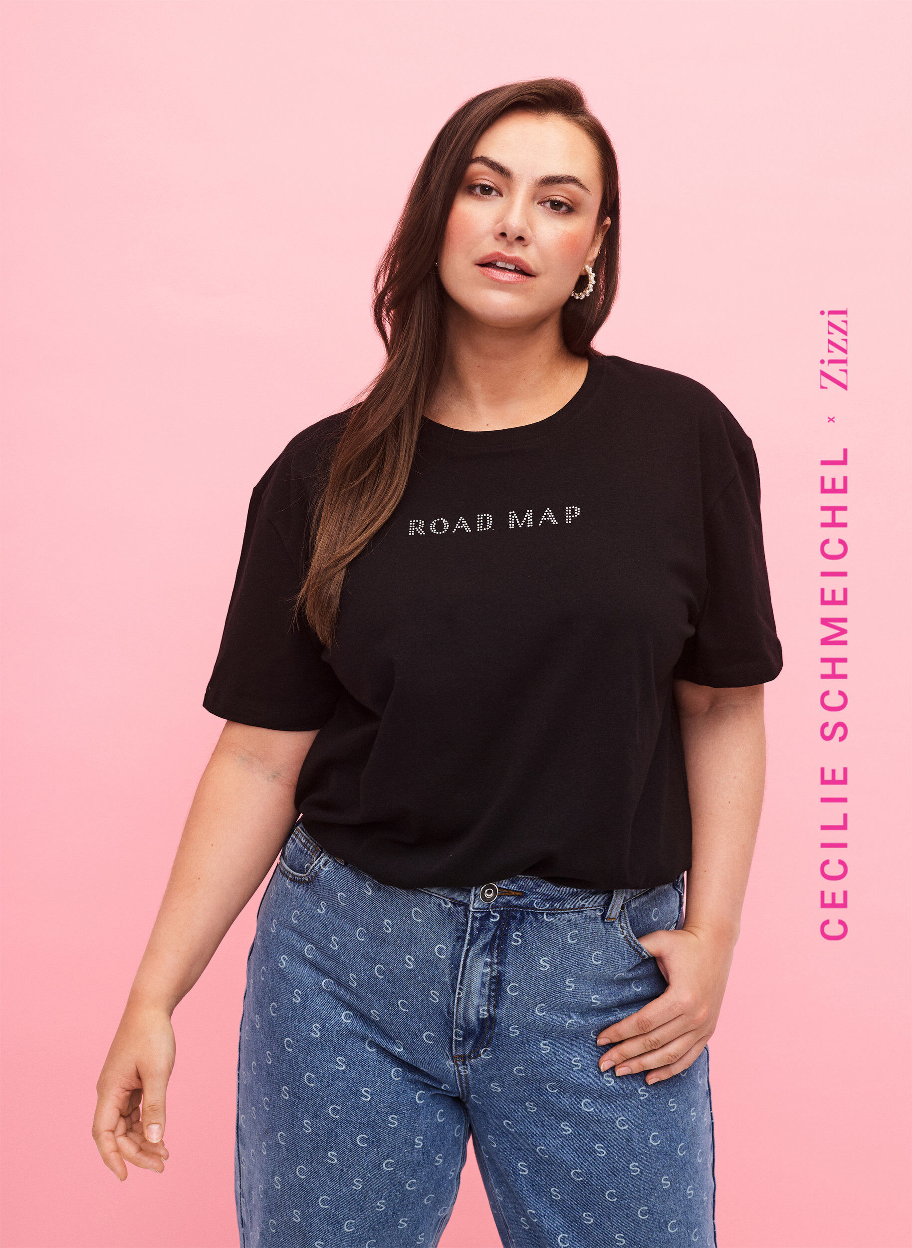 Zizzi T-shirt en coton biologique avec des similipierres, Black, Model image number 0