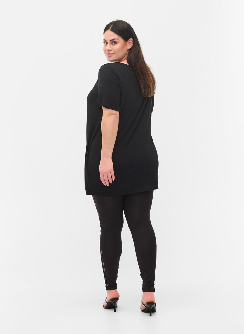 Leggings en viscose avec strass sur le côté, Black, Model image number 1