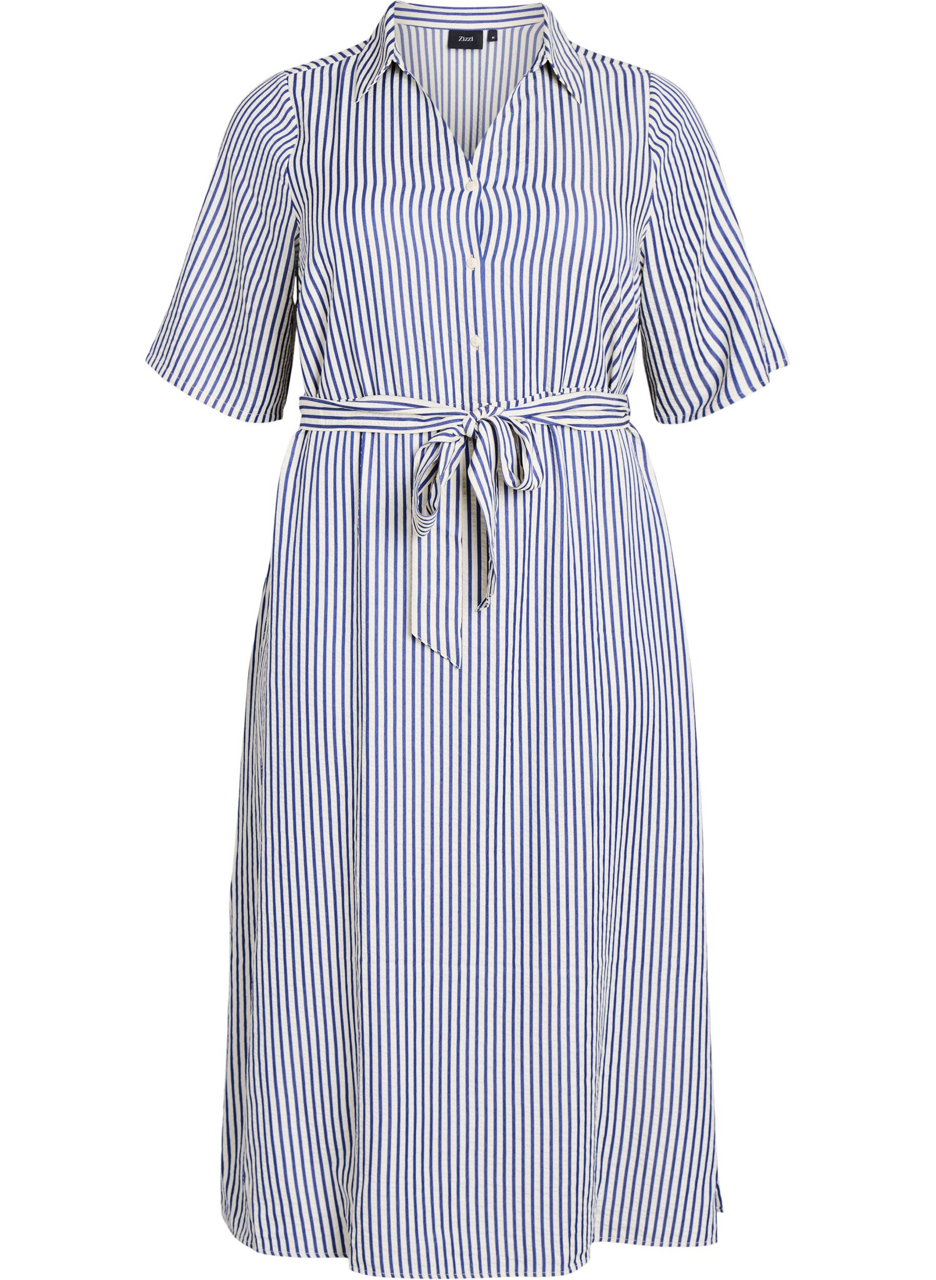 Robe-chemise longue jusqu&rsquo;aux chevilles avec ceinture &agrave; nouer et rayures