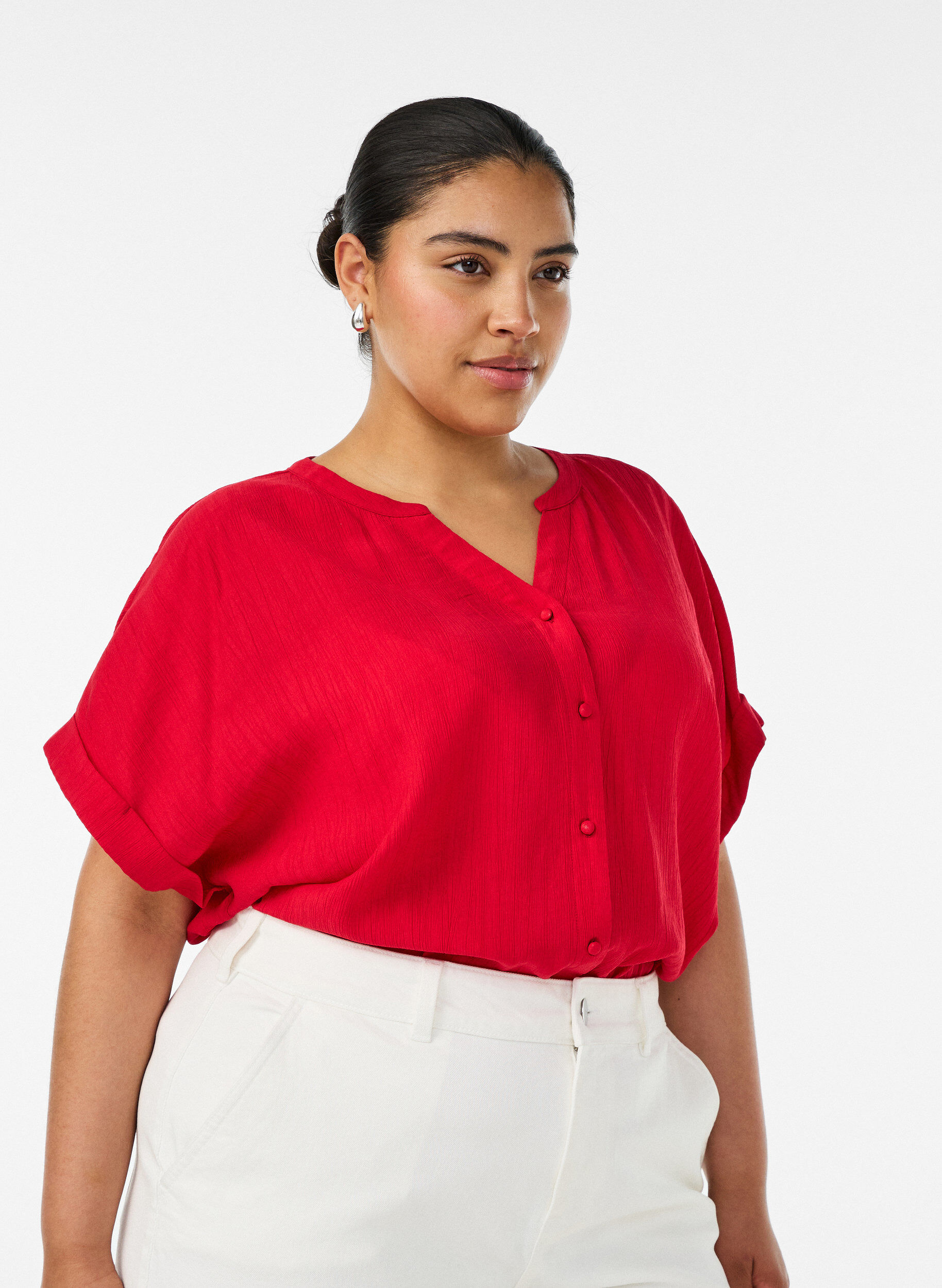 ZizziBlouse textur&eacute;e en viscose avec boutons, Rouge, Model image number 0