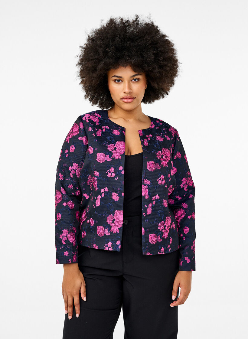 Veste en jacquard à motif floral, Black w. Red Rose, Model image number 0