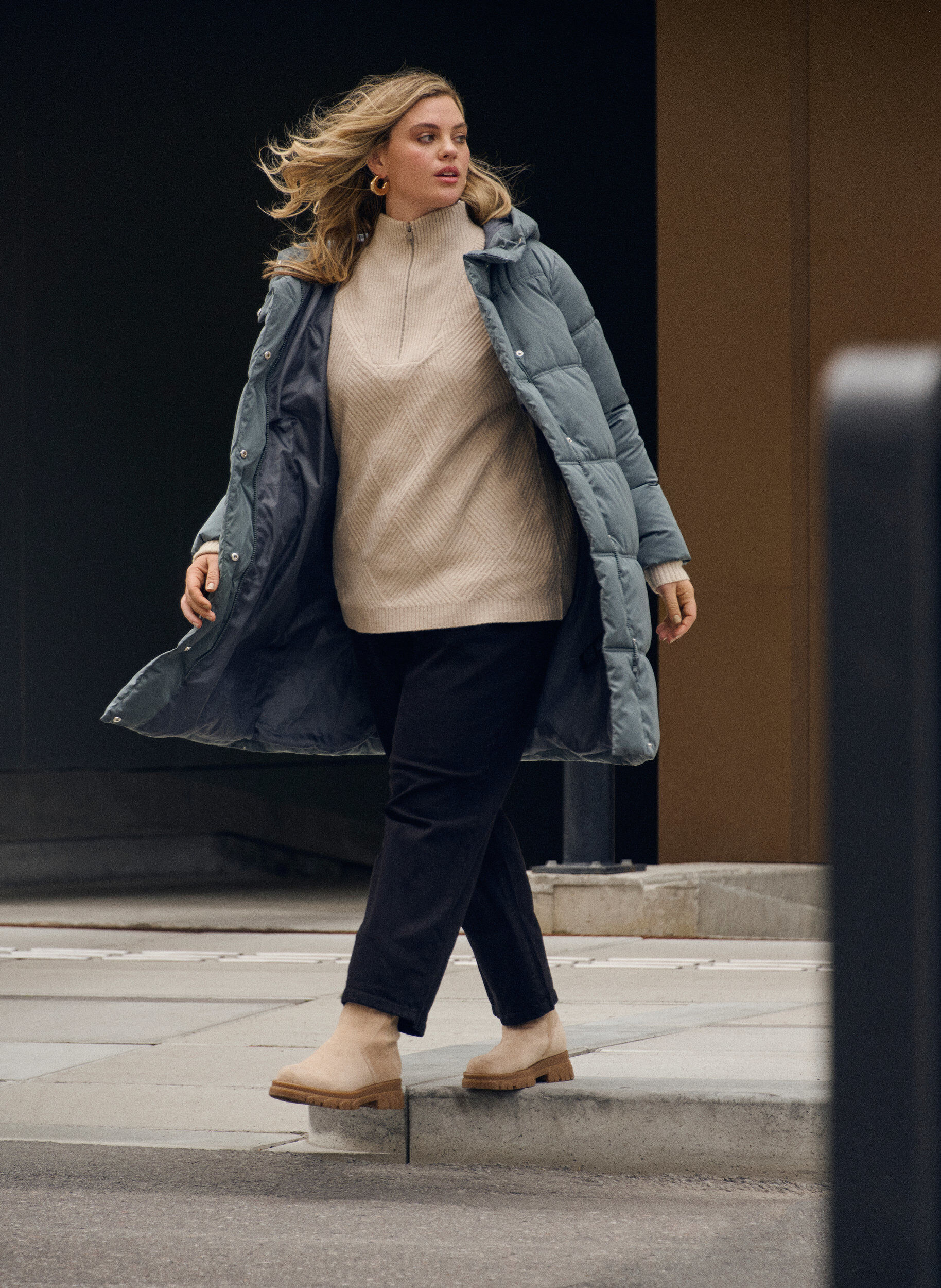 Zizzi Doudoune longue &agrave; capuche, Bleu, Image image number 0