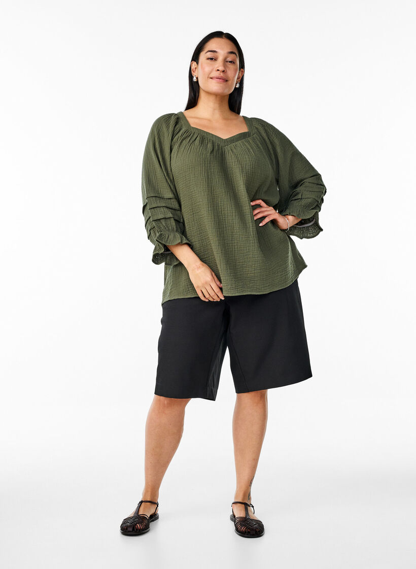 Chemise en mousseline de coton avec manches 3/4, Thyme, Model image number 2