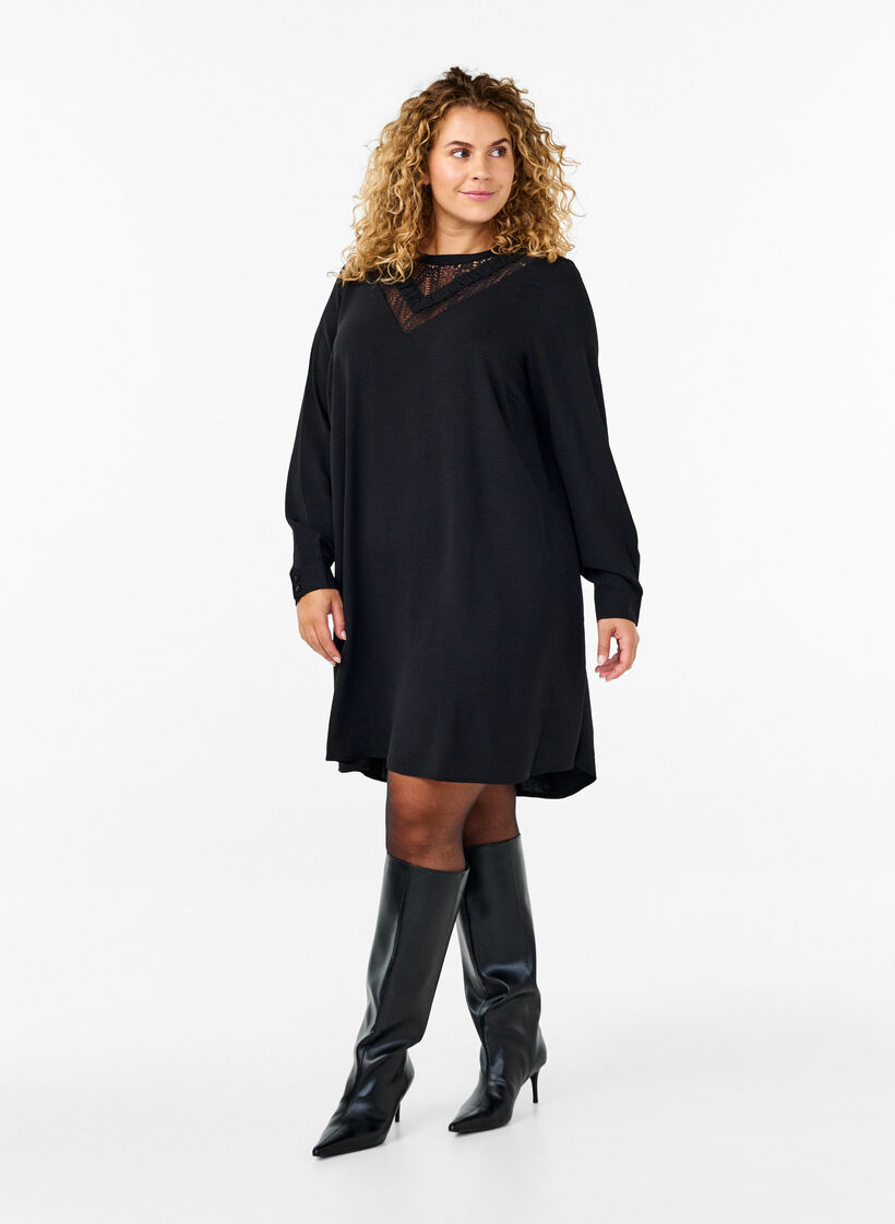 Robe courte avec détails en dentelle, Black, Model image number 2