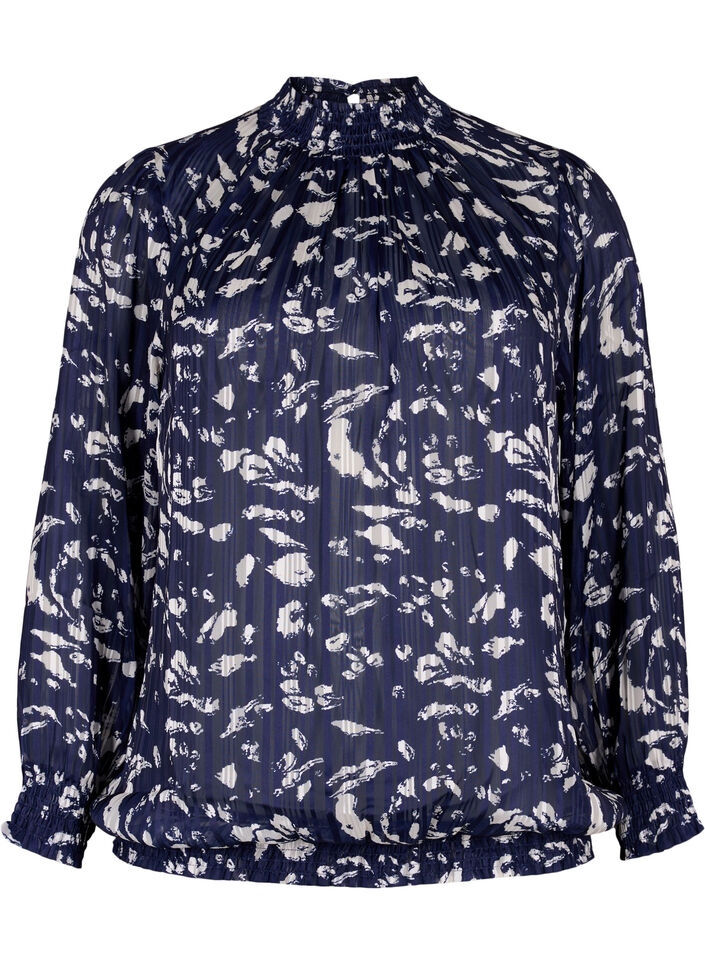 Blouse imprimée à smock, Blue Leaf AOP, Packshot image number 0