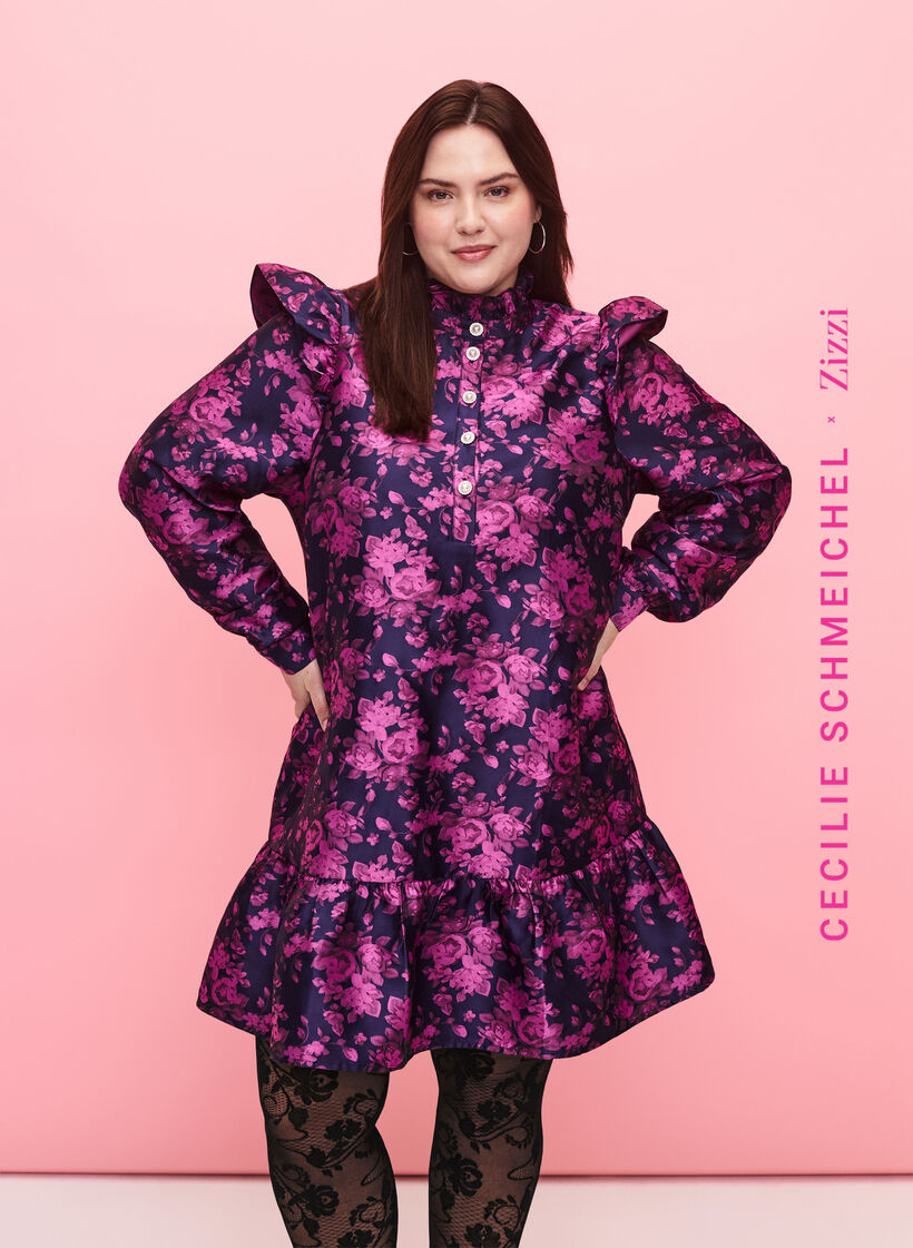 Robe avec détail de volant et boutons de perles, Dark Blue Pink, Model image number 0