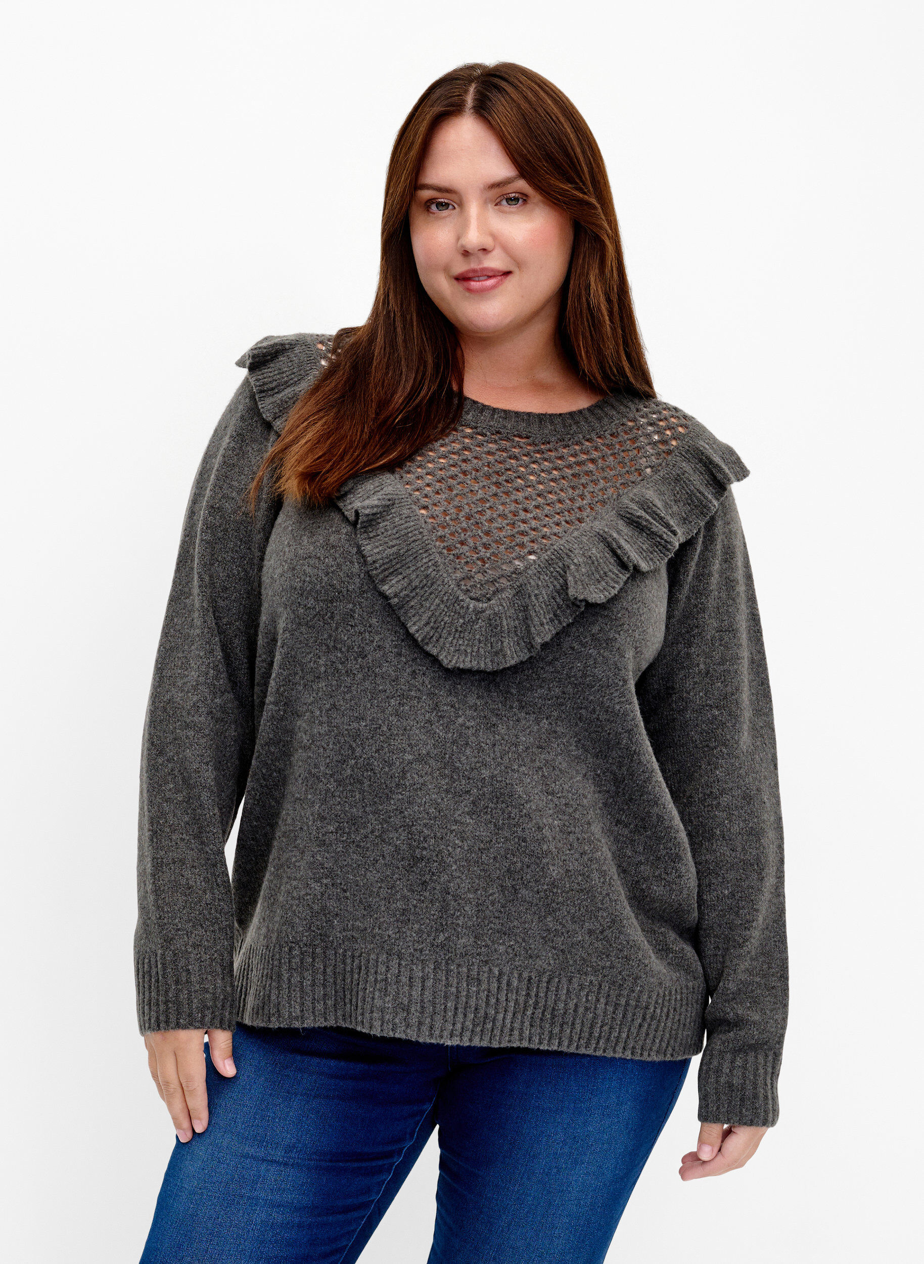 Zizzi Pull en laine tricot&eacute; avec jabots, Dark Grey Melange, Model image number 0