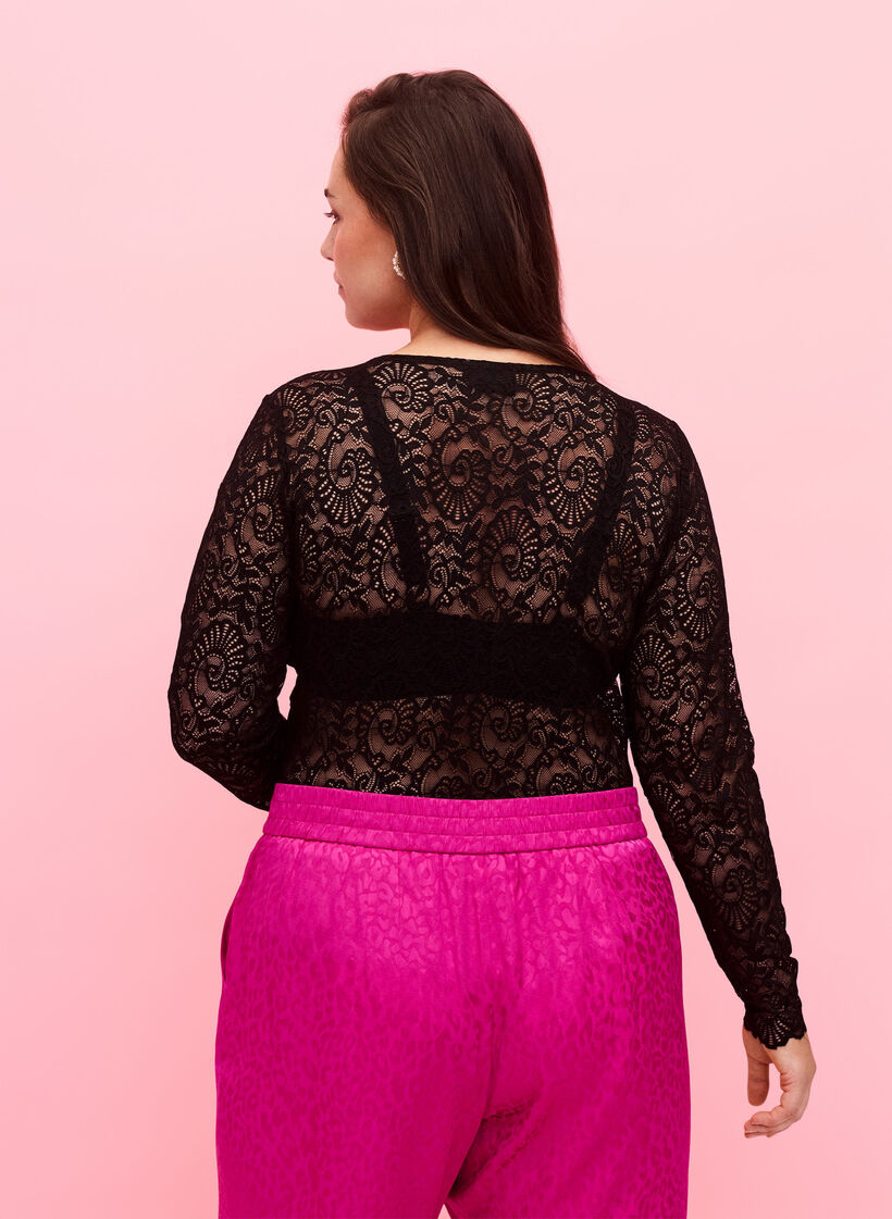 Bodystocking à manches longues en dentelle avec col en V, Black, Model image number 1