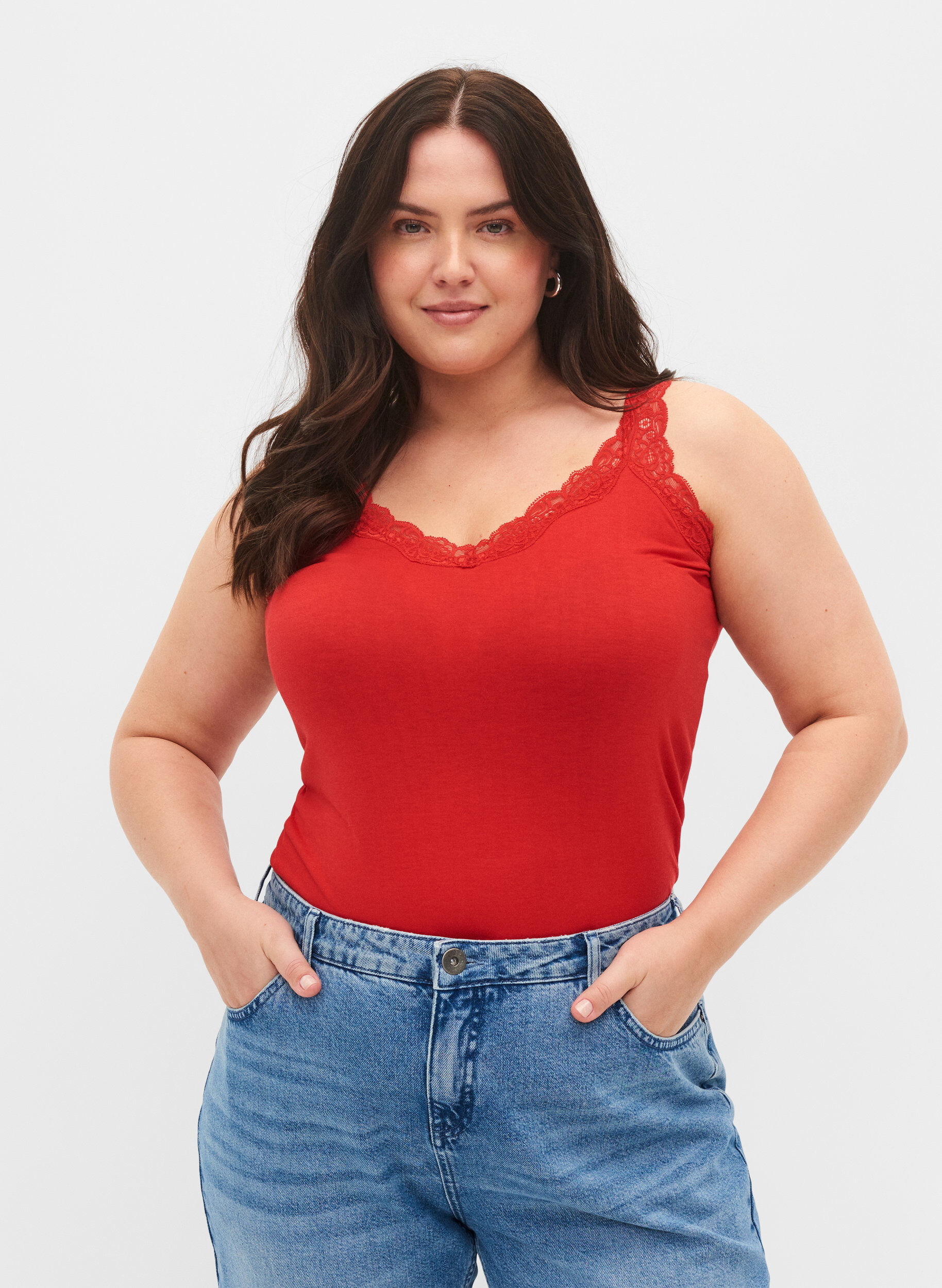 Zizzi Haut &agrave; dentelle 2-lots, Black/Chinese Red, Model image number 0