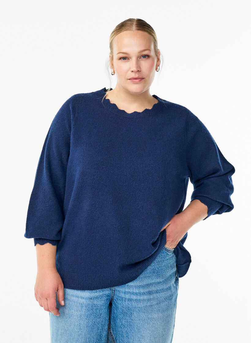 Blouse en maille &agrave; bords ondul&eacute;s, Bleu, Model image number 0