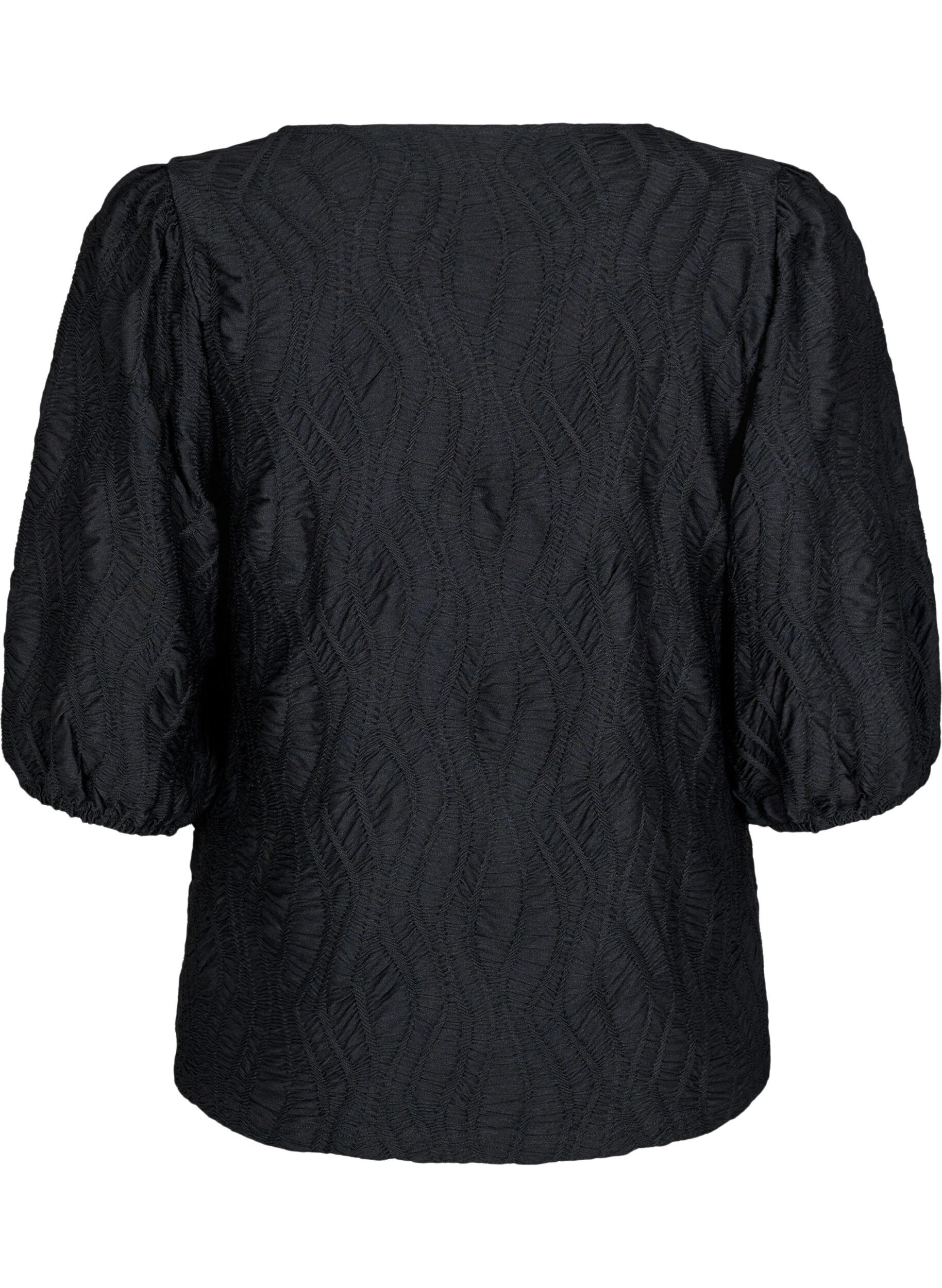 ZizziChemisier avec texture et manches 3/4, Noir, Packshot image number 1