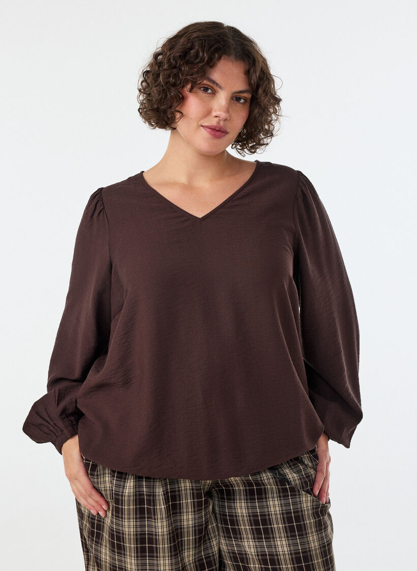 Blouse en viscose &agrave; col V et coupe ballon, Marron, Model image number 0
