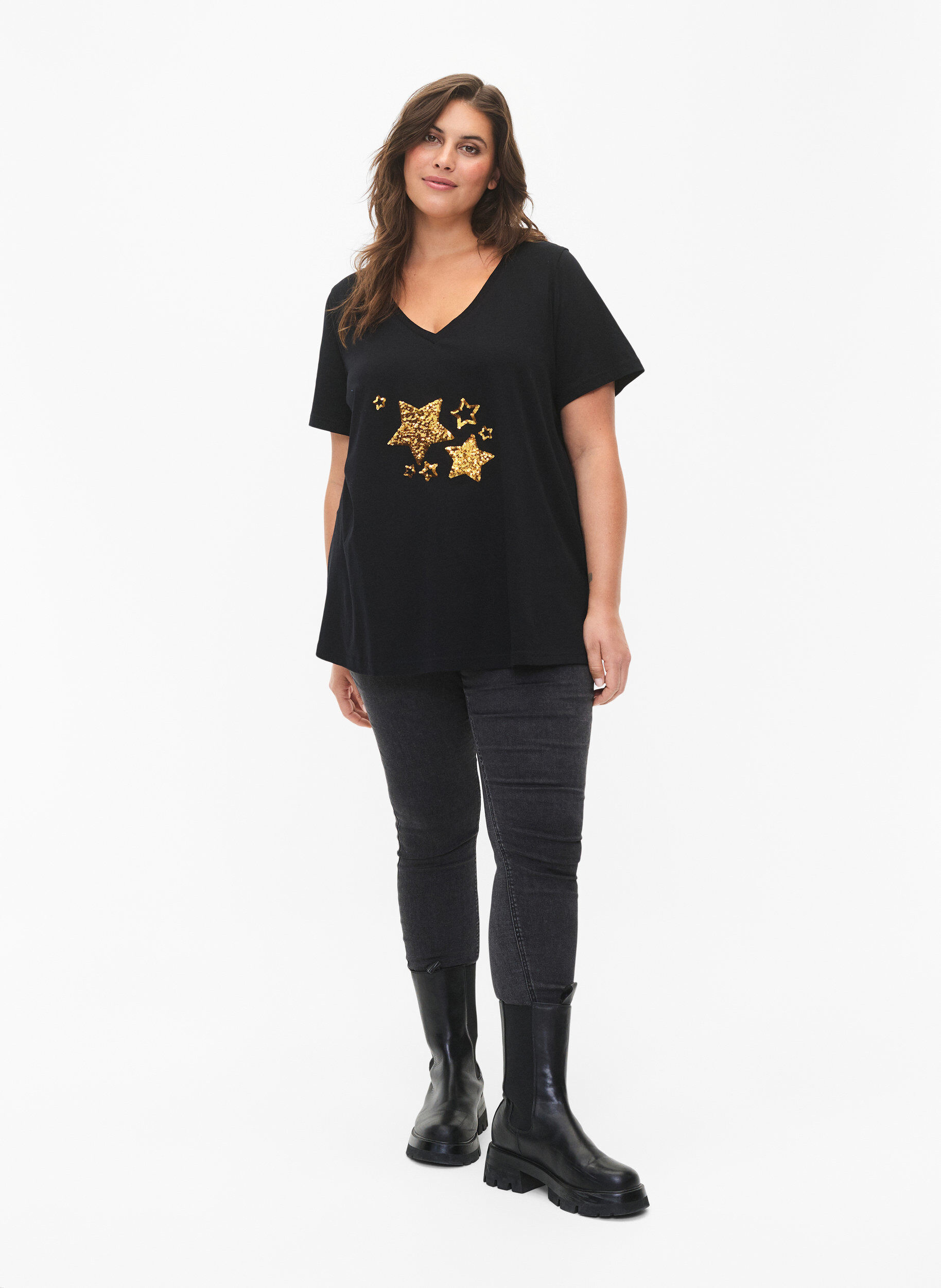 Zizzi T-shirt &agrave; paillettes en coton, Black W. Star, Model image number 2
