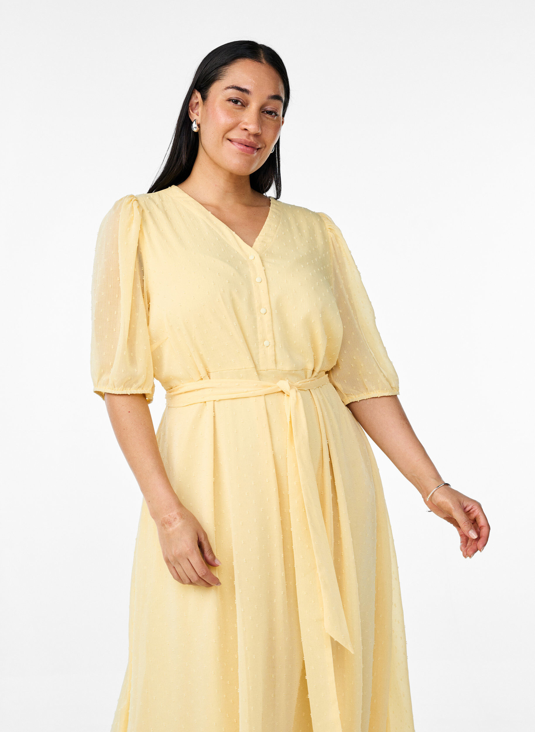 Zizzi Robe midi &agrave; encolure en V avec attaches &agrave; nouer, Jaune clair, Model image number 2